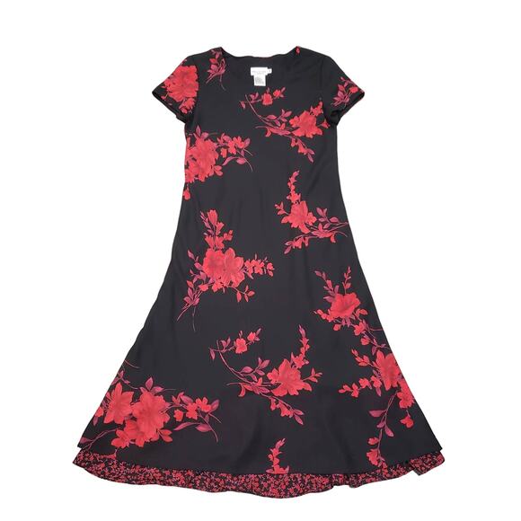 Miss Dorby Black & Red Floral Print Short Sleeved Christmas Holiday Party Dress - Picture 1 of 6